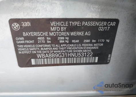 2017 BMW 330I from USA, damaged, VIN WBA8B9G31HNU53122